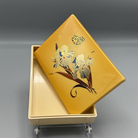 Plastic Celluloid Vanity Trinket Box Rectangle Yellow Irises Butterfly Kitschy - Picture 11 of 11